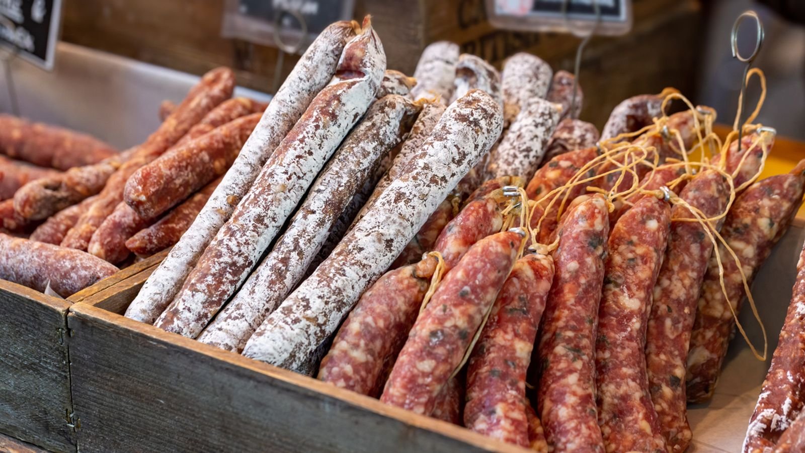 Gourmet artisan chorizo sausages on display on a market stall. File pic: iStock