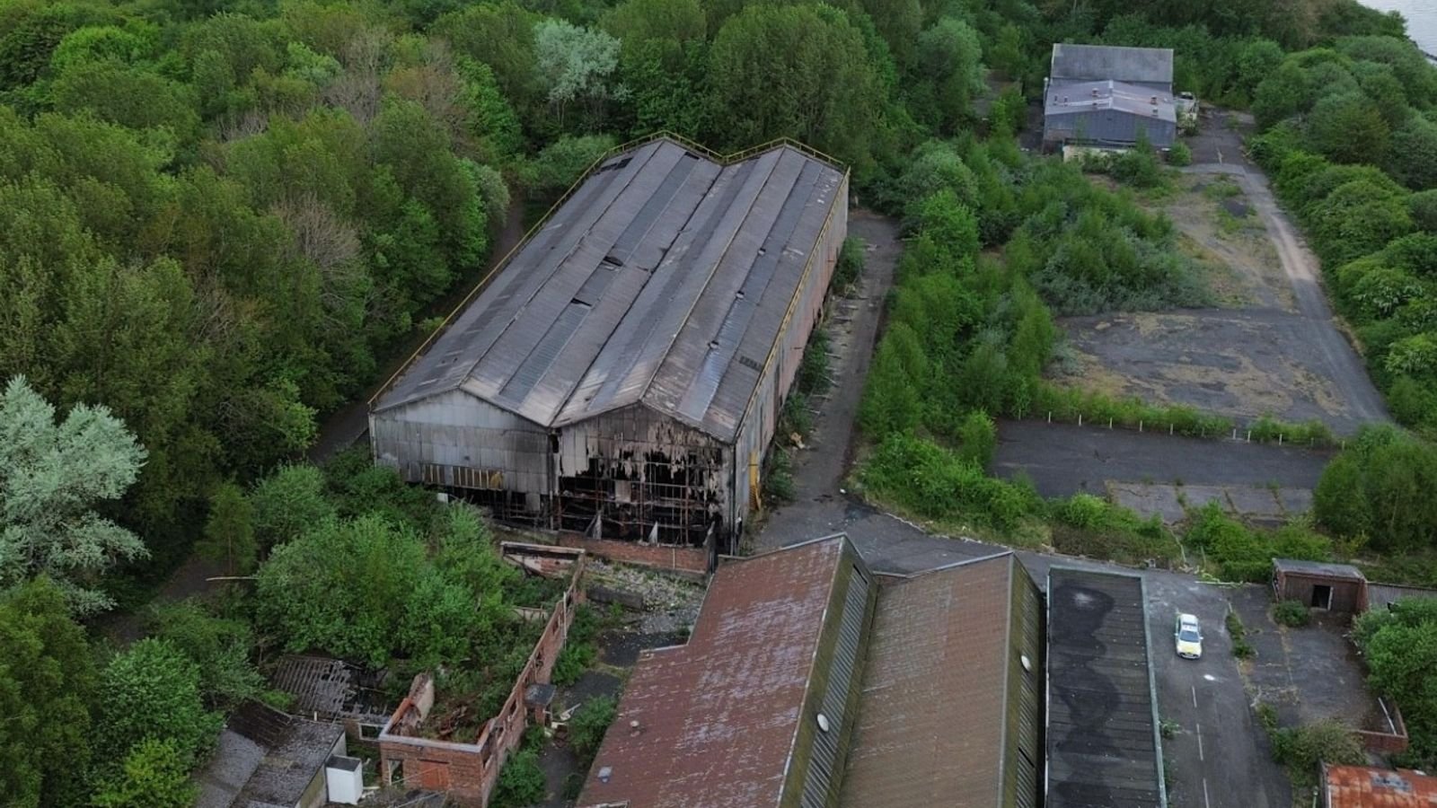 Drone view showing the aftermath of a fire at Fairfield industrial park at Bill Quay, Gateshead