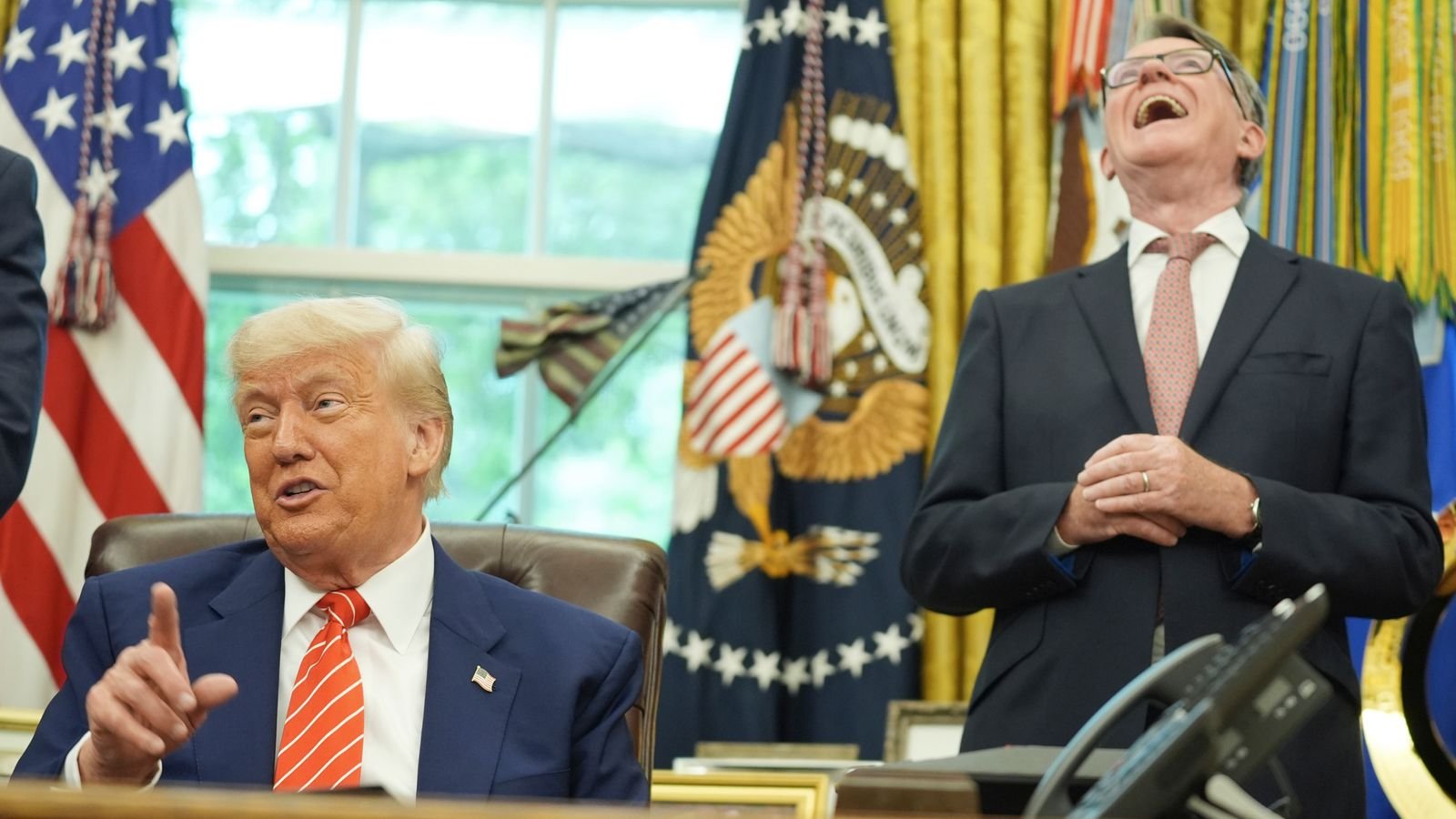 President Trump pictured alongside the UK ambassador to the US, Lord Mandelson, in the Oval Office. Pic: AP