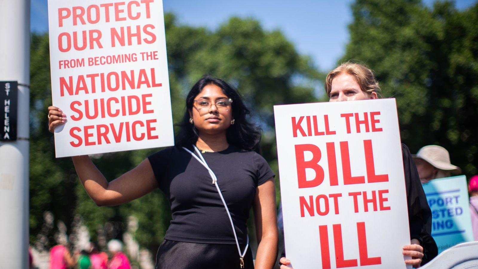 Campaigners who are against the assisted dying bill. Pic: AP