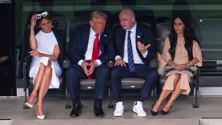 From left: First Lady Melania Trump, Donald Trump, FIFA president Gianni Infantino and his wife Leena Al Ashqa in the stands. Pic: AP
