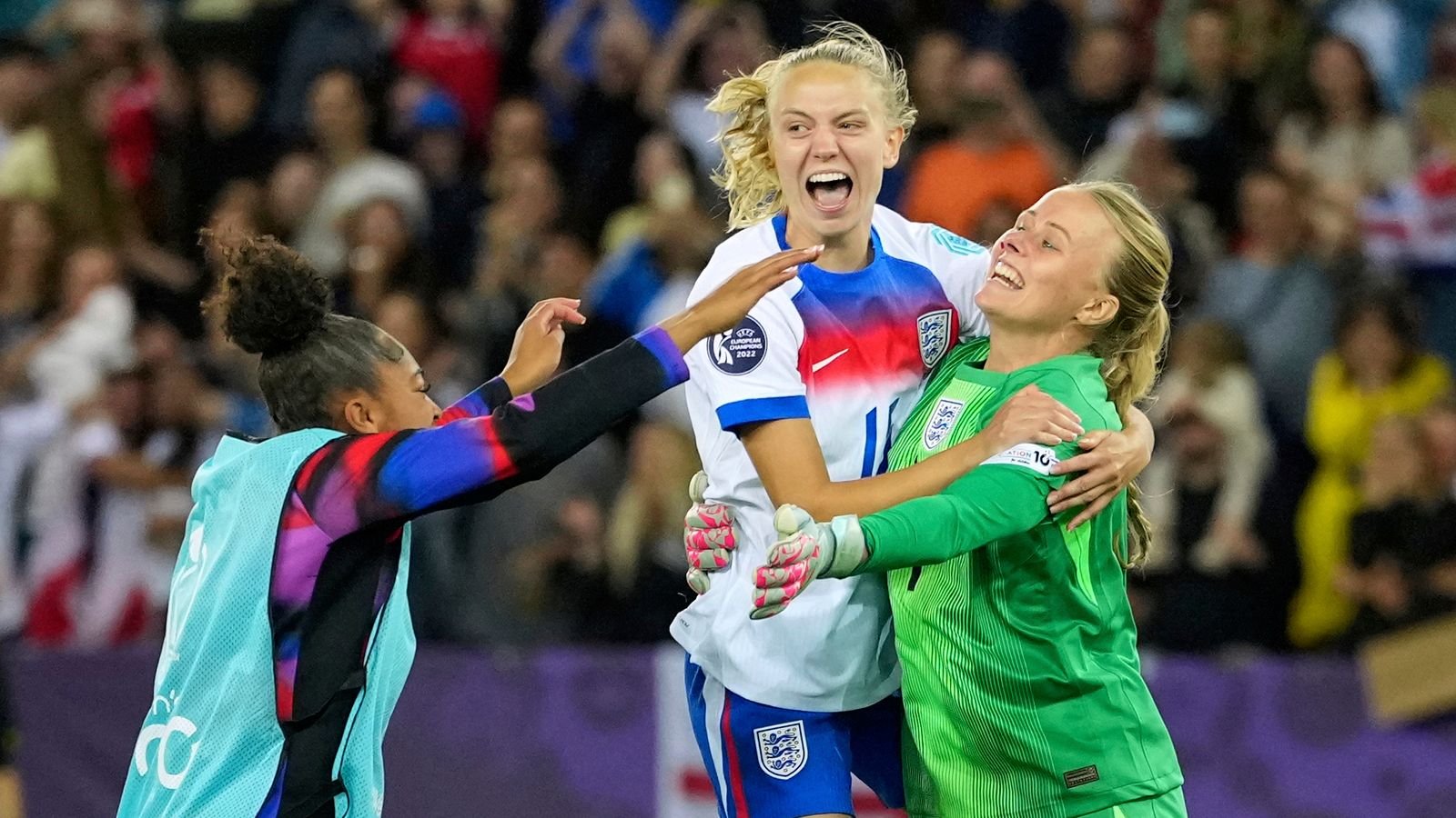 England goalkeeper Hannah Hampton (R) celebrates with teammates after the side beat Sweden. Pic: AP
