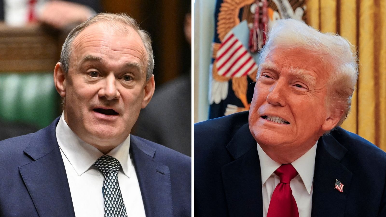 Sir Ed Davey will use his Lib Dem conference speech to attack Donald Trump. Pics: Reuters