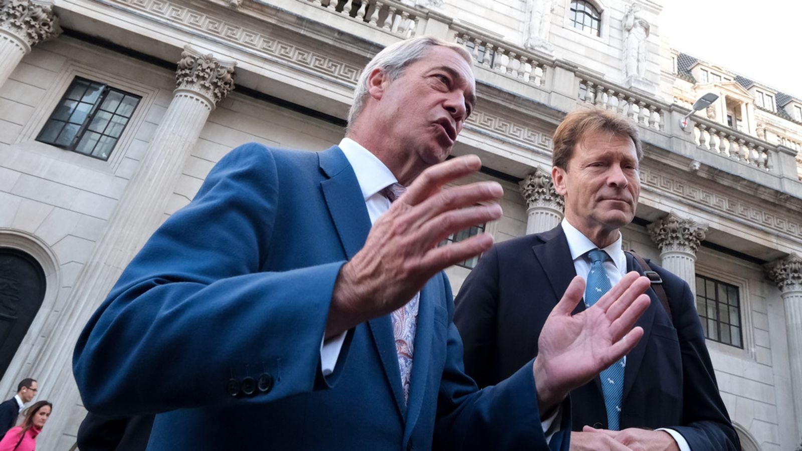 Nigel Farage and Richard Tice at the Bank of England. Pic: AP