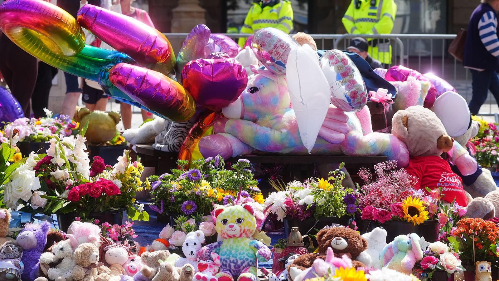 Flowers left for the victims of the Southport stabbings on the first anniversary in 2025. Pic: PA
