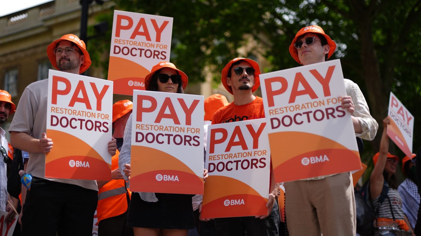 Junior doctors protesting about pay outside Downing Street in June. Pic: PA