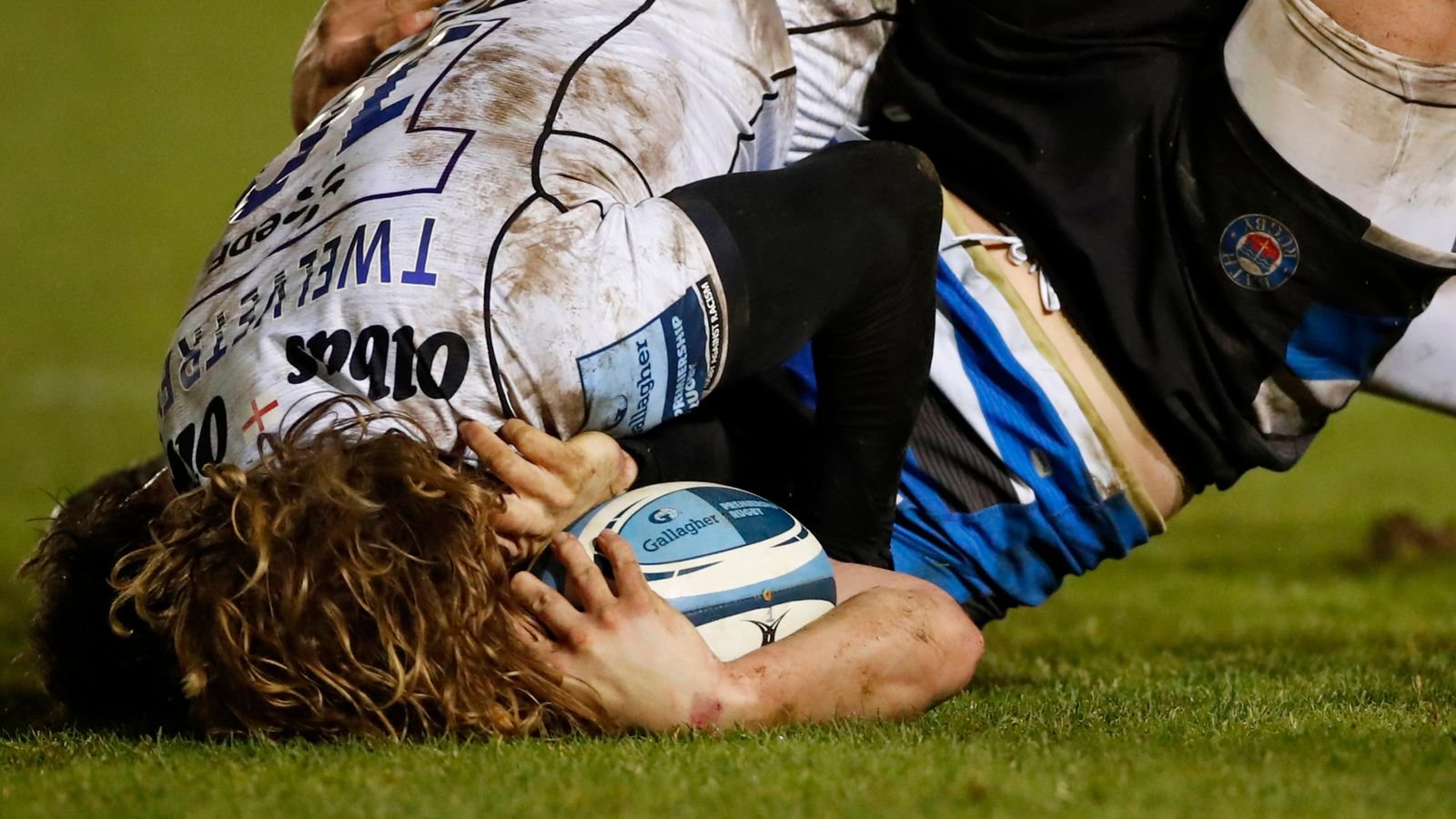 Players collide during a Gloucester-Bath Premiership Rugby game. Pic: Reuters