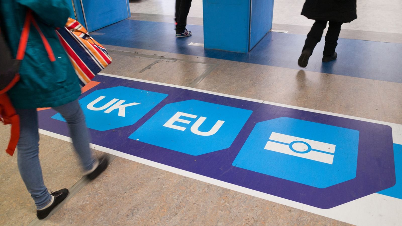 Passport control signage on the floor at Gatwick Airport. Pic: iStock