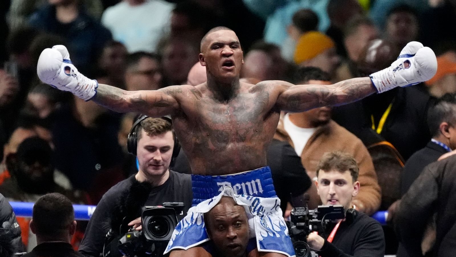 Conor Benn celebrates at the final bell at the Tottenham Hotspur Stadium. Pic: Nick Potts / PA