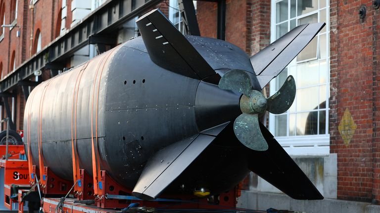 An experimental uncrewed sub called Excalibur is on view at Portsmouth Naval Base. Pic: PA
